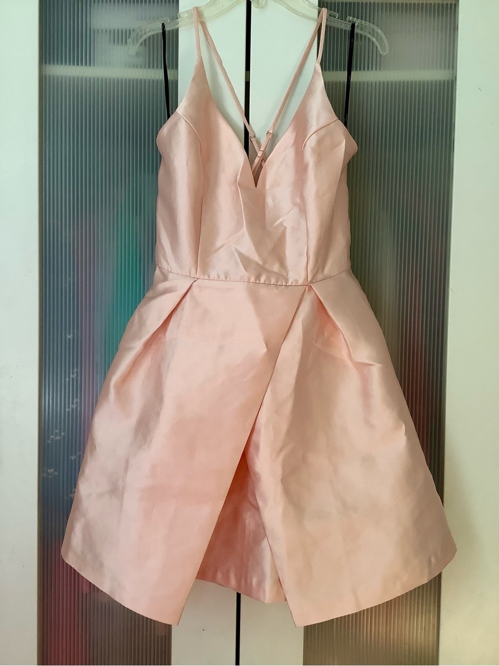 Forever 21 Light Blush Pink Satin Crisscross Straps Pleated Mini Dress, Small